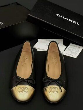Chanel Black & Gold CC Bow Ballerinas